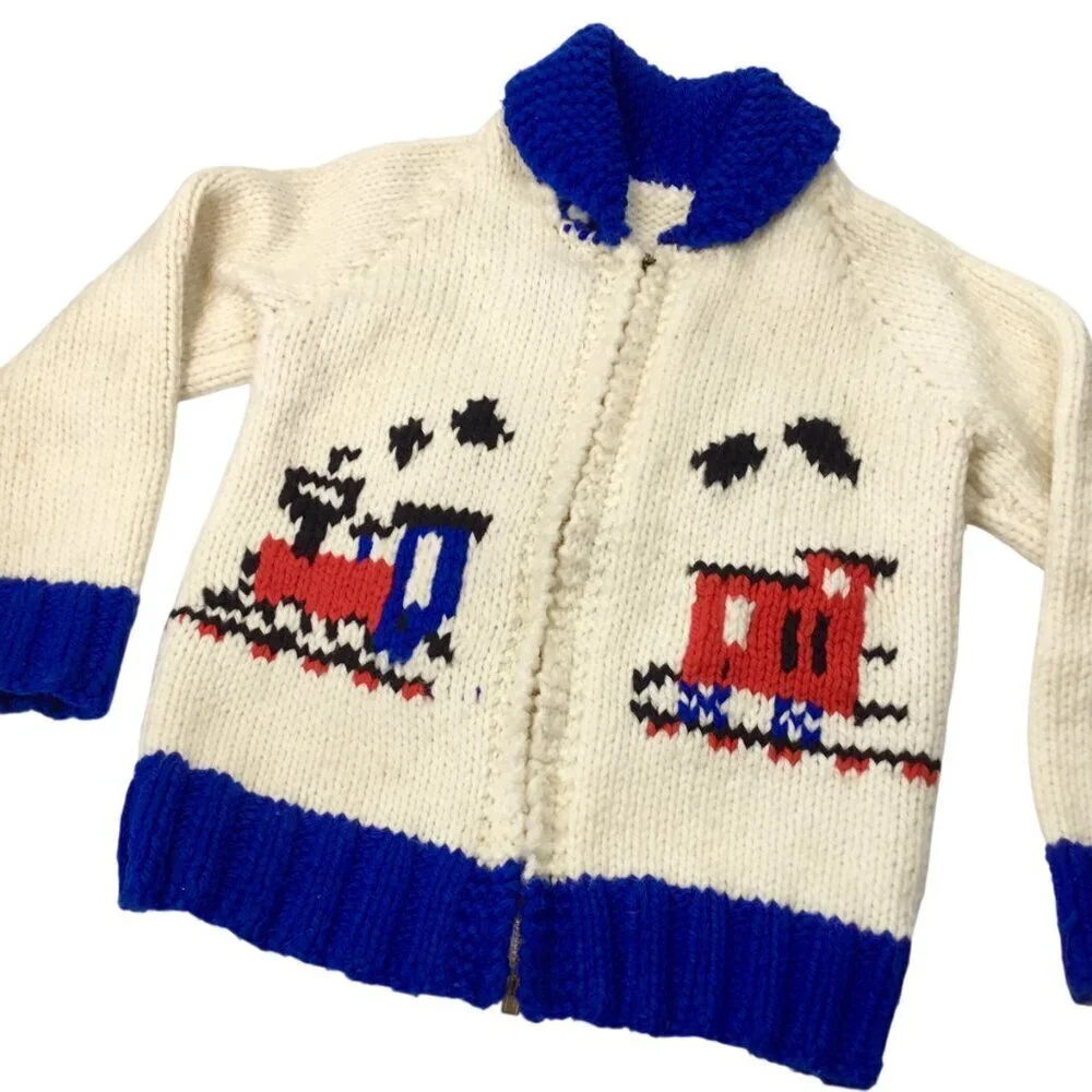 Vintage 60s Hand Knit Child's Cardigan Zipper Full Zip Sweater Train Double Side